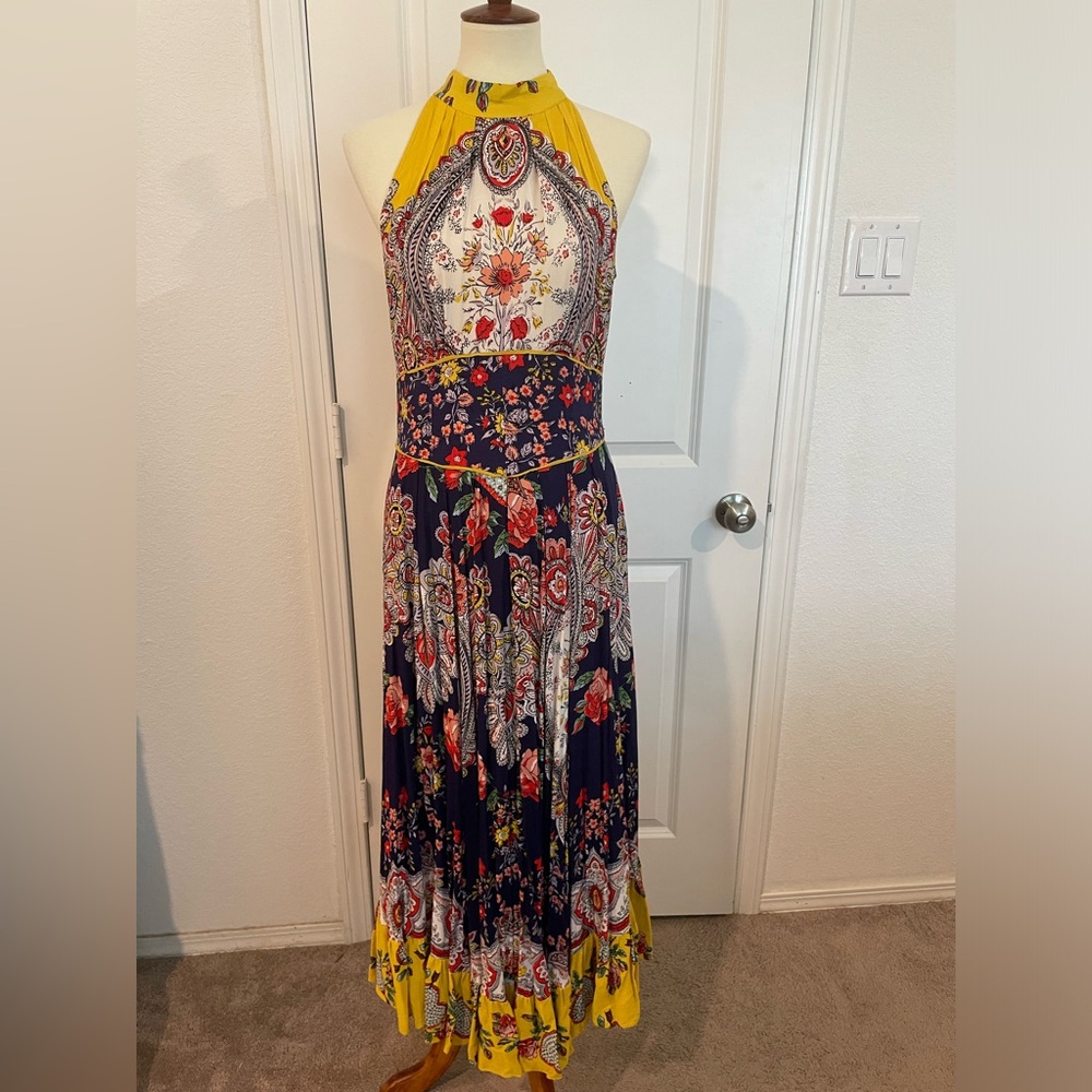 Maeve Anthropologie Blue and yellow Pleated Halter Sundress